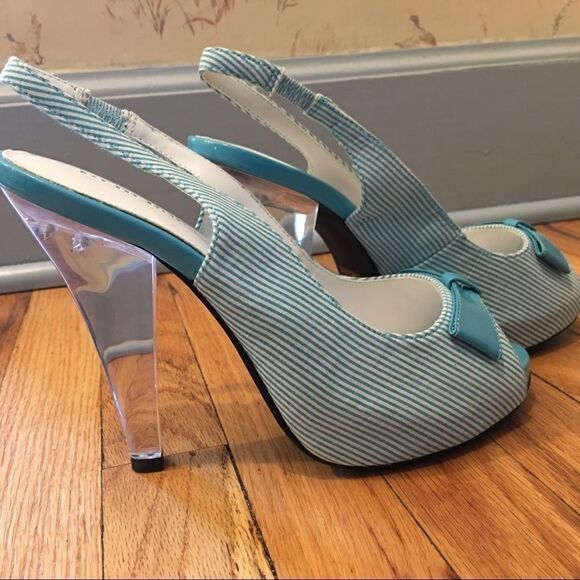 Turquoise white pin stripe slingback peeptoe heels - Picture 4 of 9